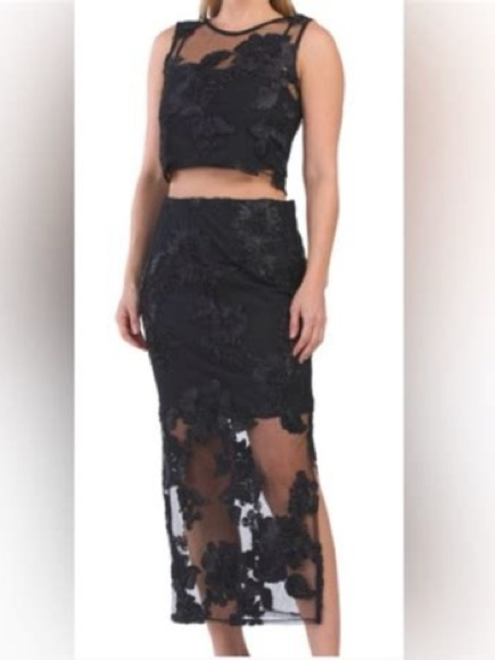 Camila Coelho Black mesh and Floral Appliqué sleeveless top with liner